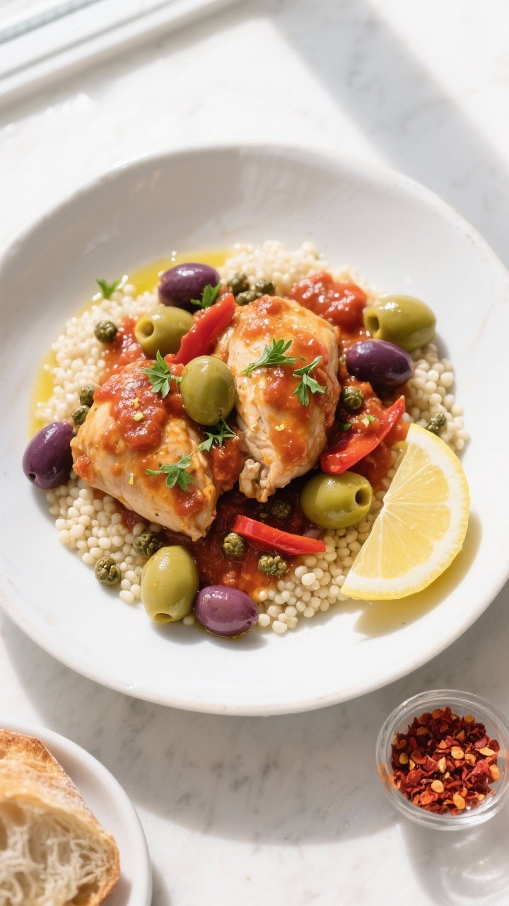 Final dish, top view: Overhead shot of beautifully plated Crockpot Mediterranean Chicken with Olives