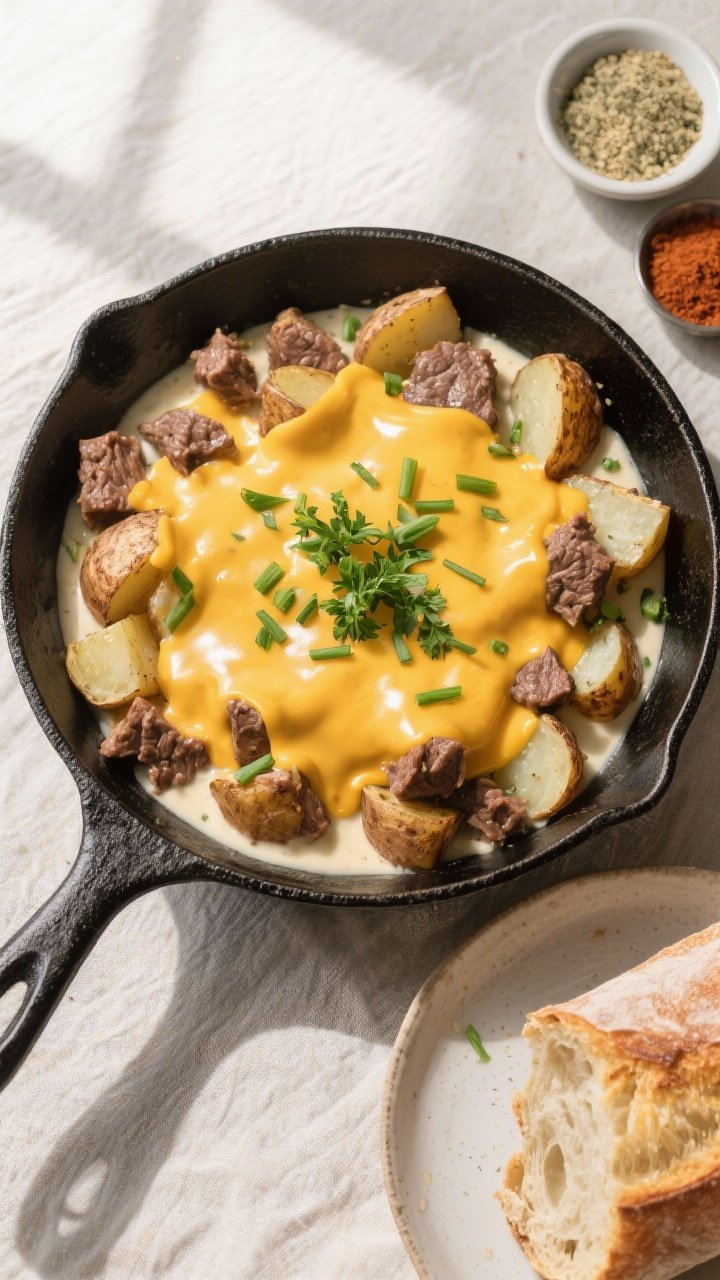 Final dish top view: Overhead shot of Beefy Ranch Potatoes served family-style in a wide black skill