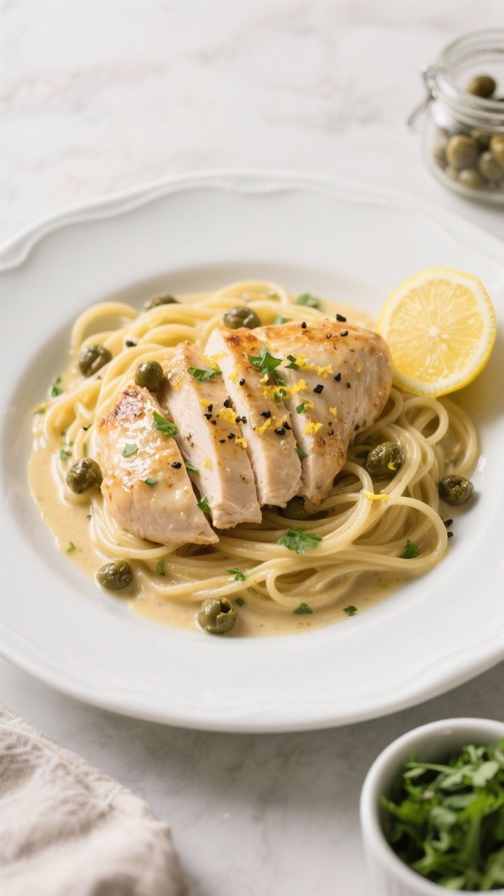 Final dish, top view: Overhead shot of creamy chicken piccata plated over twirls of linguine on a wi