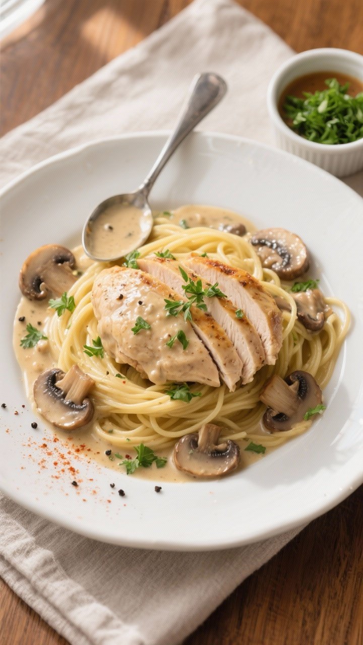 Final dish, top view: Overhead shot of creamy mushroom chicken served over buttered egg noodles on a