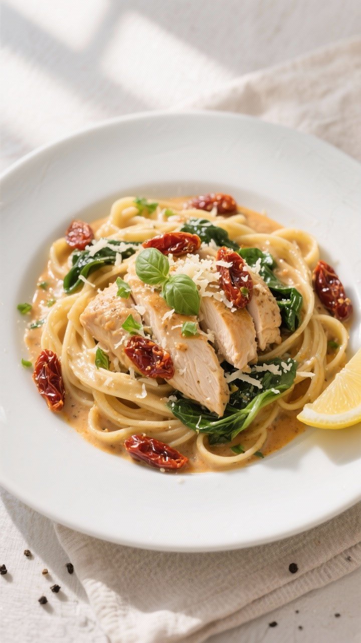 Final dish, top view: Overhead shot of Creamy Tuscan Crockpot Chicken plated over al dente fettuccin
