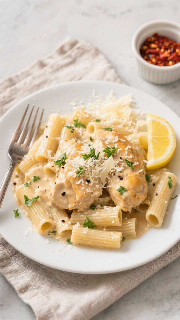 Final dish, top view: Overhead shot of Crockpot Creamy Garlic Parmesan Chicken spooned over al dente