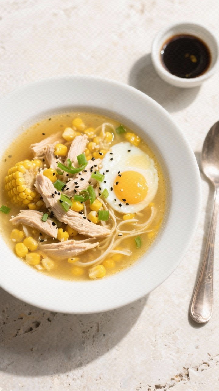 Final dish, top view: Overhead shot of Easy Chicken and Corn Soup ladled into a wide white bowl, sho