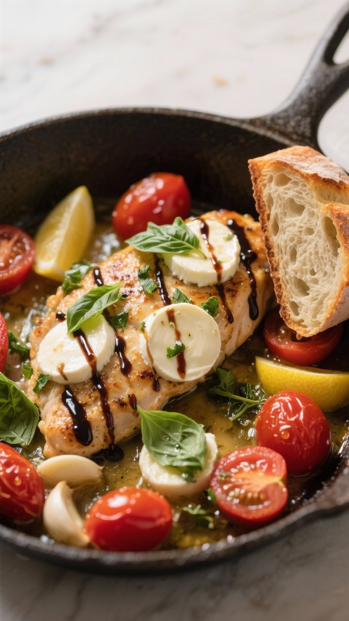 Final dish, top view: Overhead shot of Garlic Butter Caprese Chicken Skillet just off the heat—moz