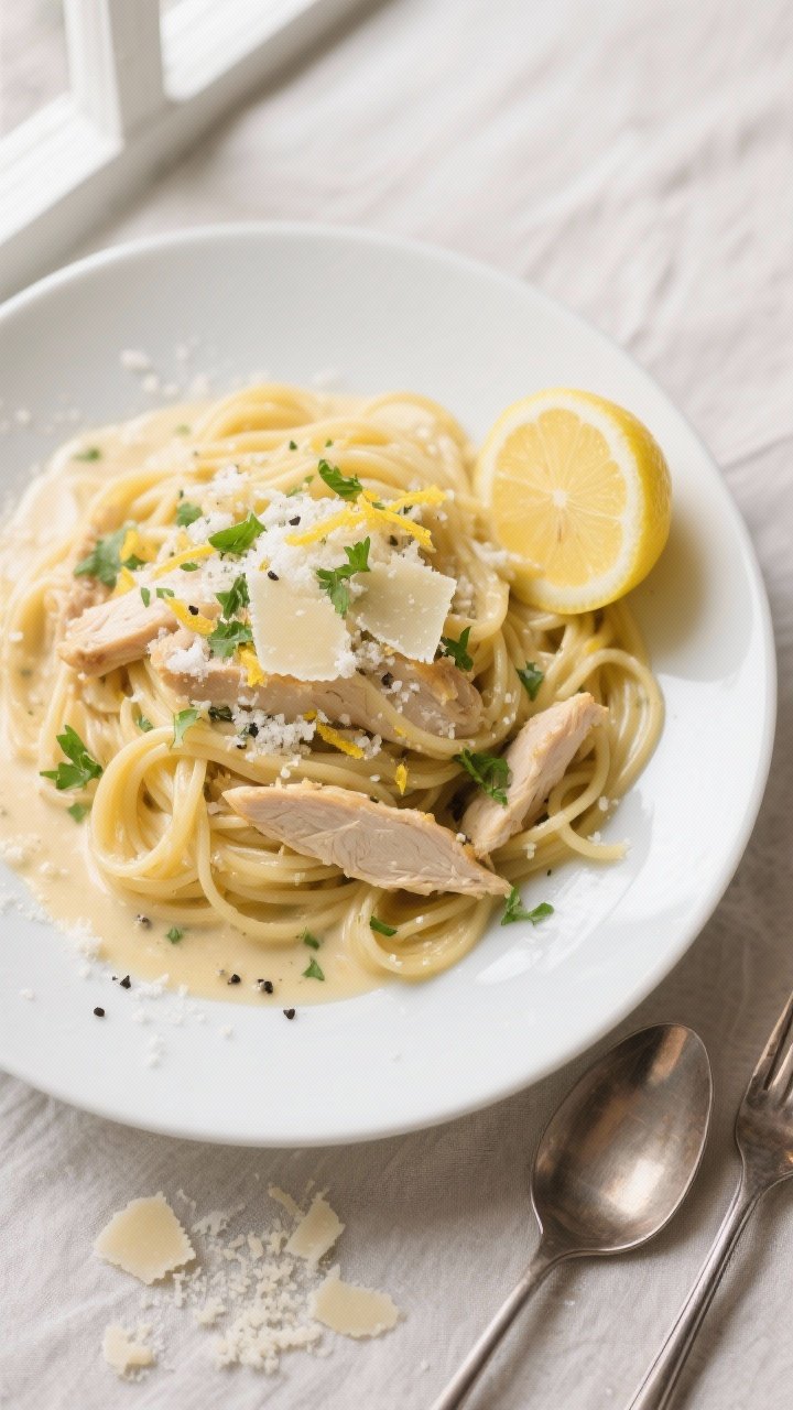 Final dish, top view: Overhead shot of lemon garlic chicken pasta (al dente linguine) twirled into l