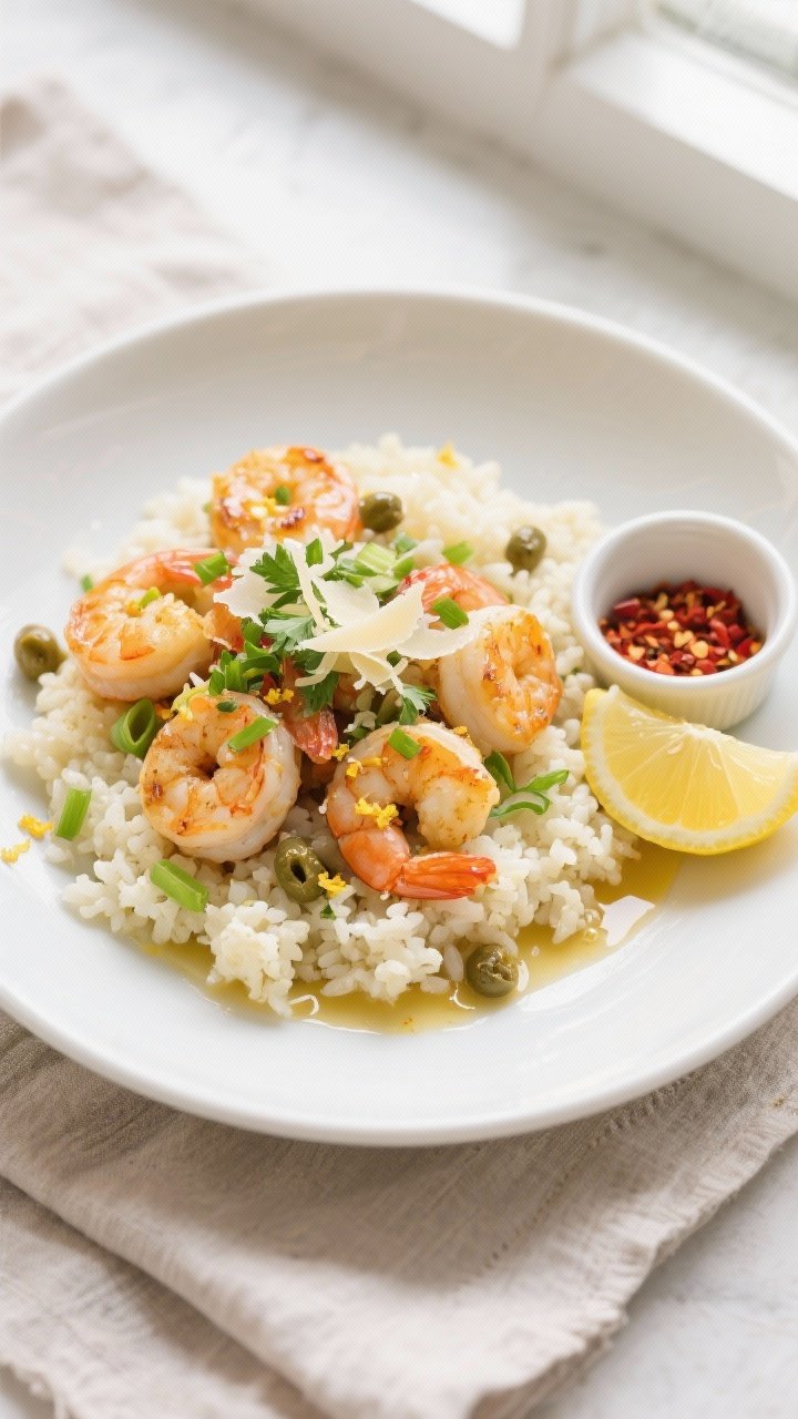 Final dish, top view: Overhead shot of Lemon Garlic Shrimp piled over fluffy cauliflower rice in a w