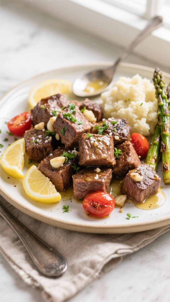 Final dish, top view: Overhead shot of Low Carb Garlic Butter Steak Bites piled on a warm white cera
