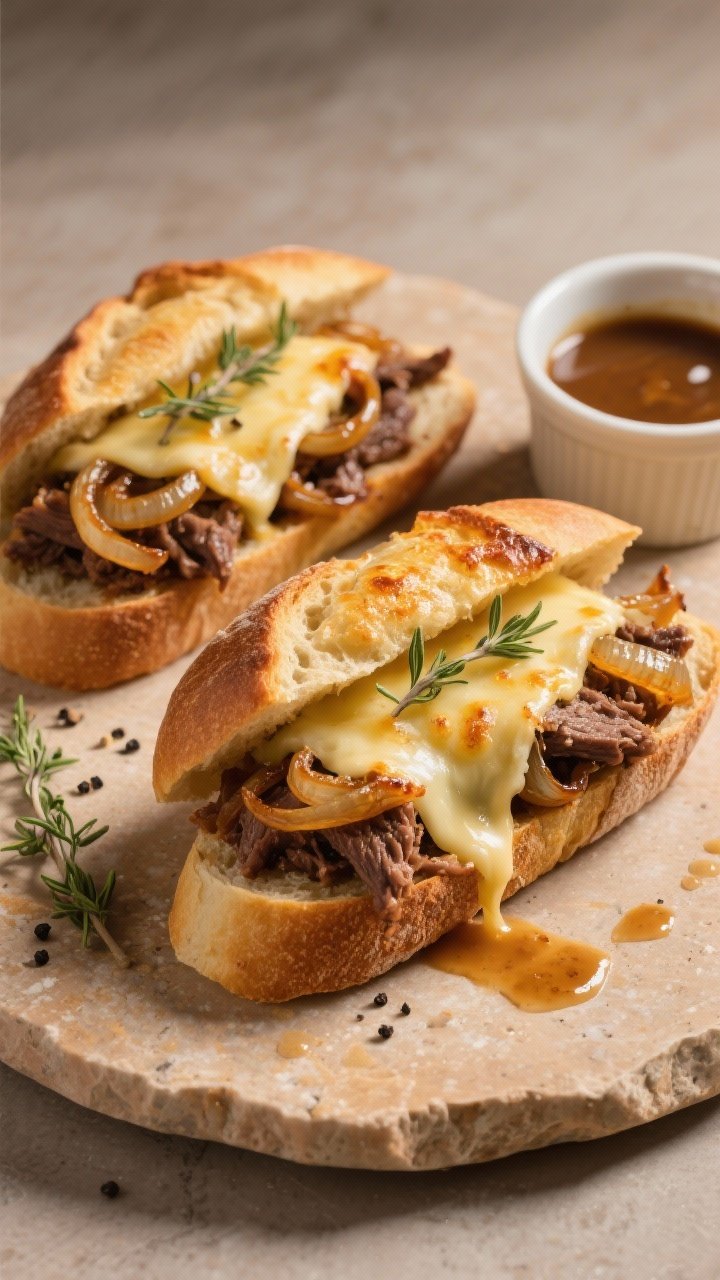 Final dish/top view: Overhead shot of open-faced French Onion Beef melts on toasted baguette slices,