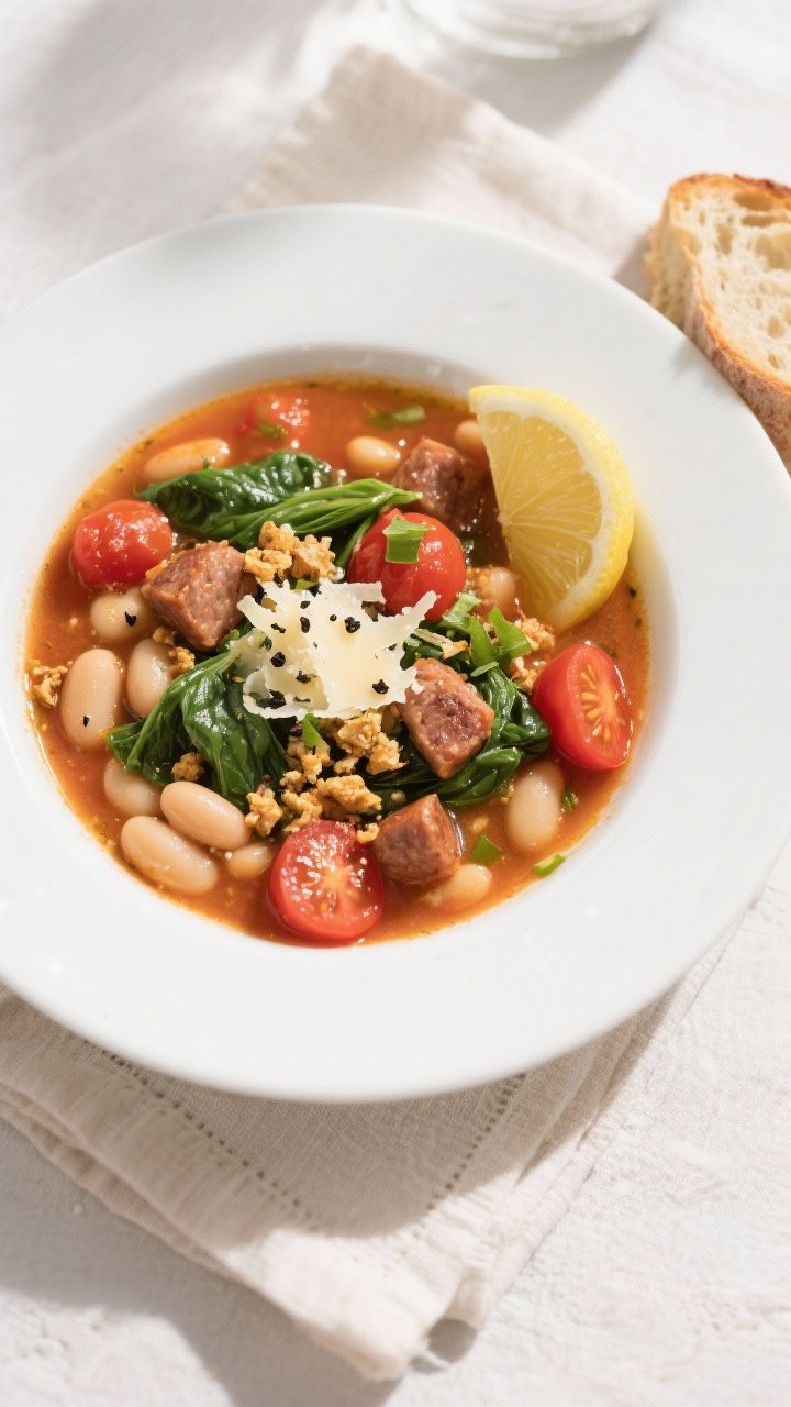 Final dish, top view: Overhead shot of Quick Italian Sausage Soup ladled into a wide white bowl—sc