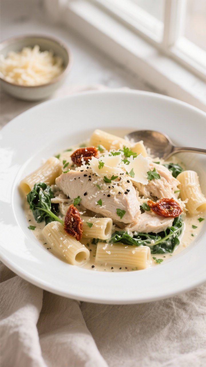 Final dish, top view: Overhead shot of shredded creamy garlic Parmesan chicken spooned over al dente