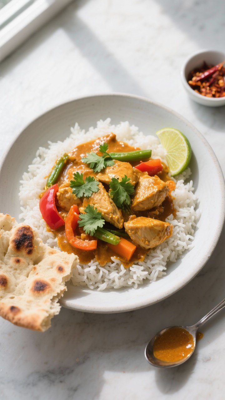 Final dish, top view: Overhead shot of Slow Cooker Coconut Curry Chicken served over fluffy jasmine 