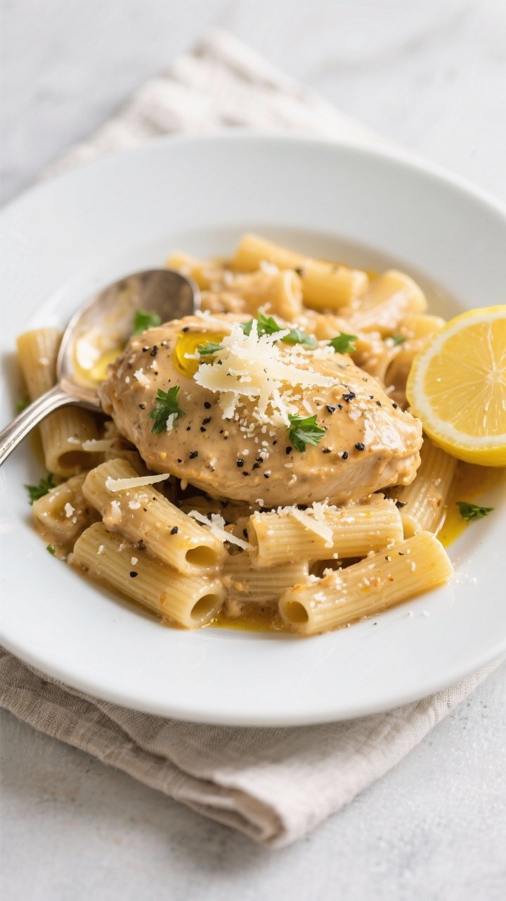 Final dish, top view: Overhead shot of Slow Cooker Parmesan Chicken spooned over al dente rigatoni o