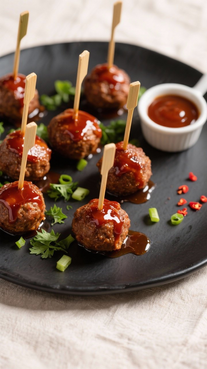 Final dish, top view: Overhead shot of Sweet BBQ Meatballs served as party bites on a matte black pl