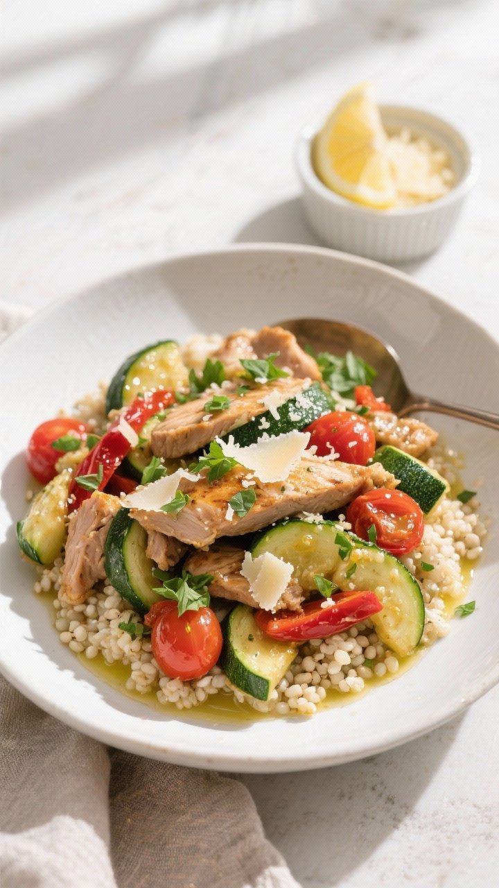Final dish, top view: Overhead shot of the finished Turkey Zucchini Skillet spooned into a wide, whi