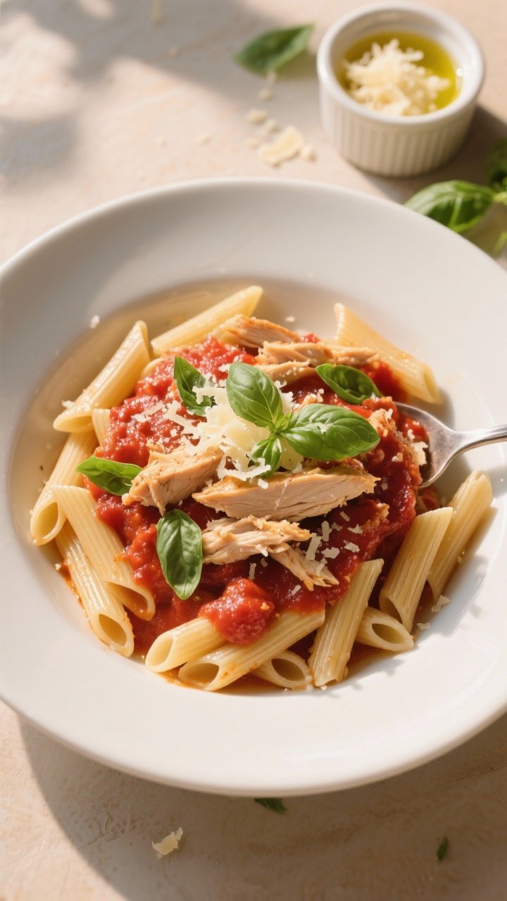 Final dish, top view: Overhead shot of Tomato Basil Crockpot Chicken spooned over al dente penne pas