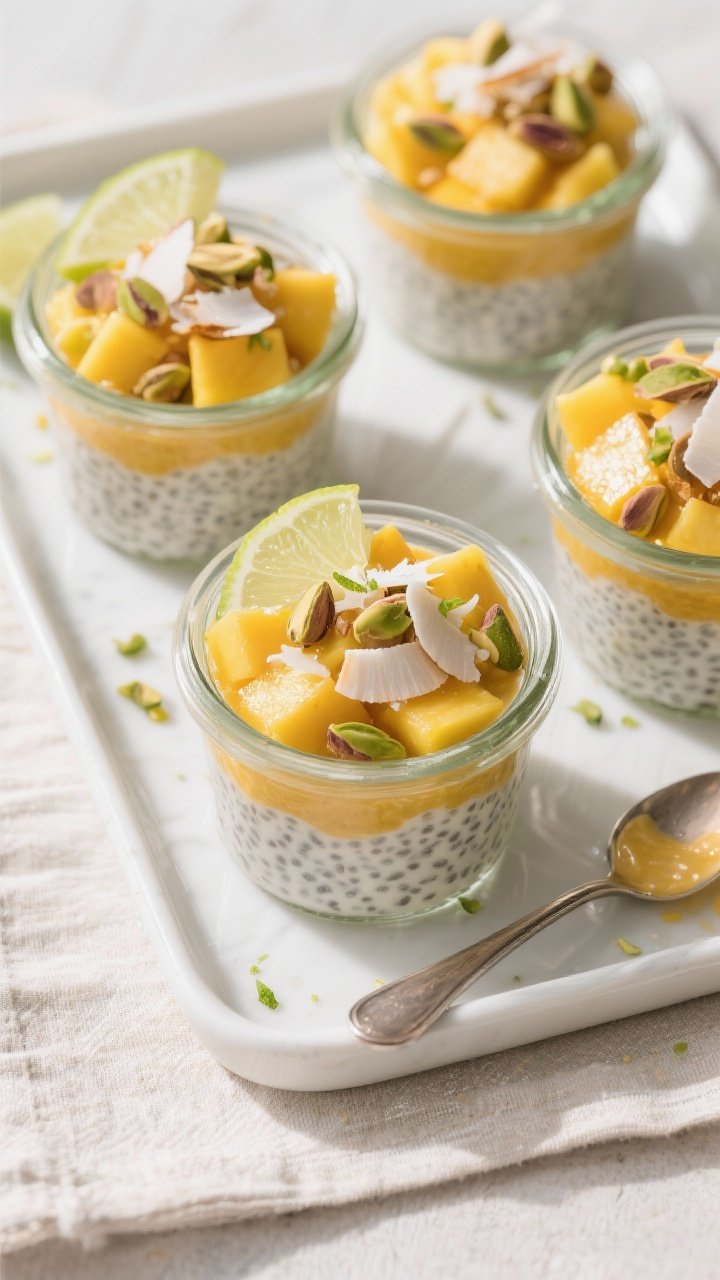 Final dish/top view: Overhead shot of “Tropical Sunrise” coconut chia pudding cups, set and chil