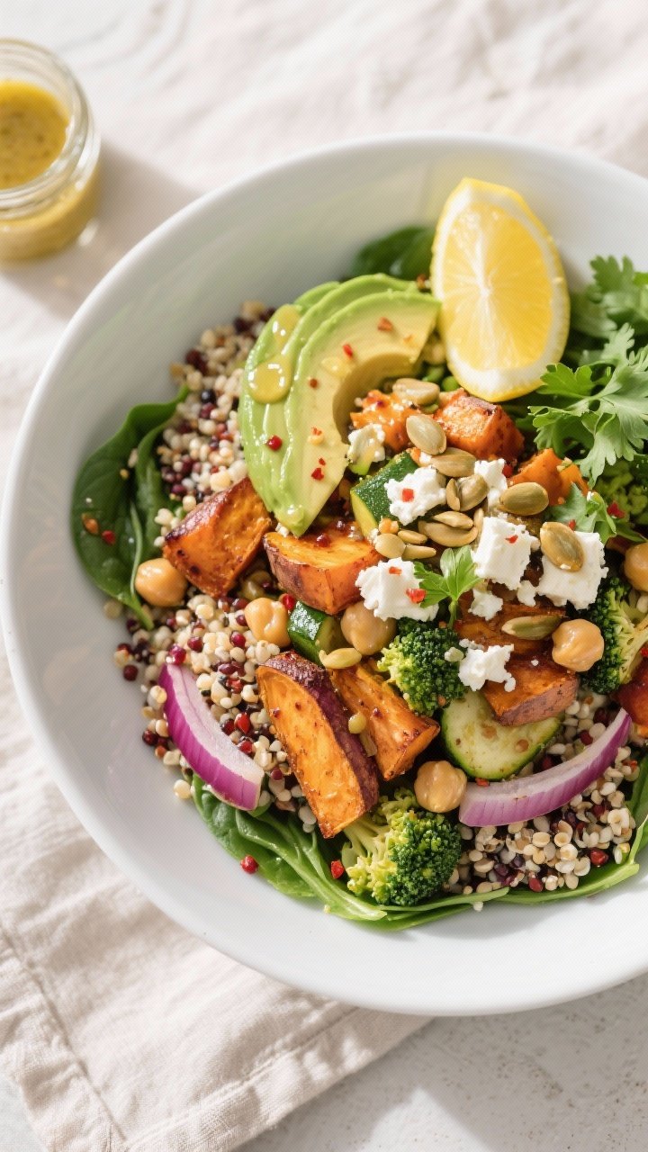 Final dish, top view: Quinoa & Roasted Veggie Bowl fully assembled — fluffy tri‑color quinoa nes