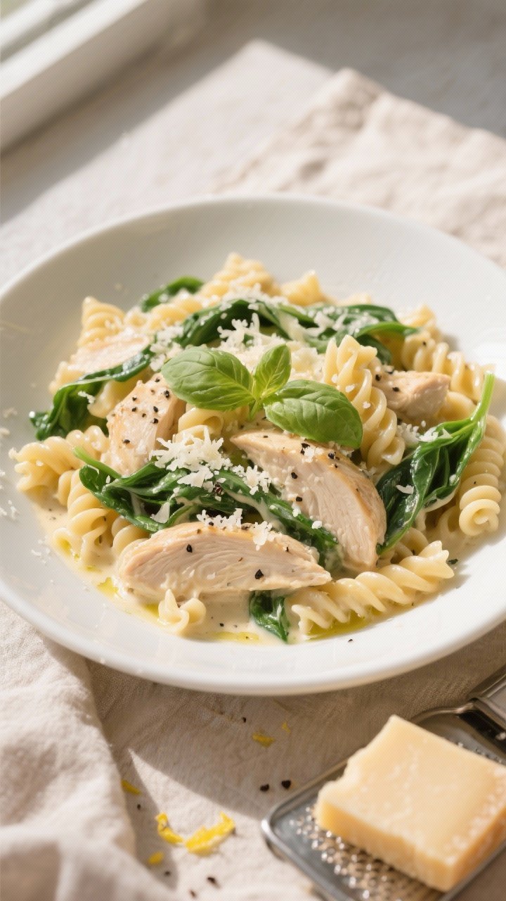Final plated beauty shot: Elegant shallow white bowl of Dump and Go Creamy Spinach Chicken Pasta, to
