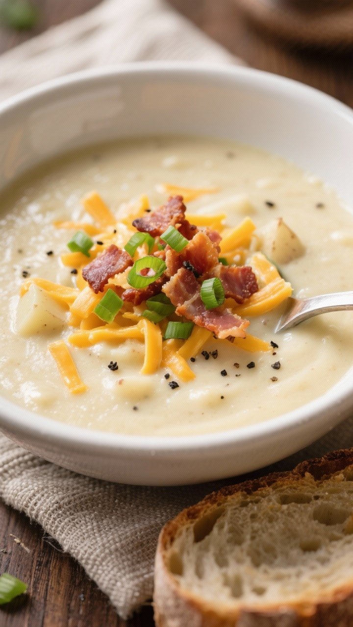 Final plated, close-up detail: Close-up of a ladled bowl of ultra-creamy potato soup, smooth yet sli