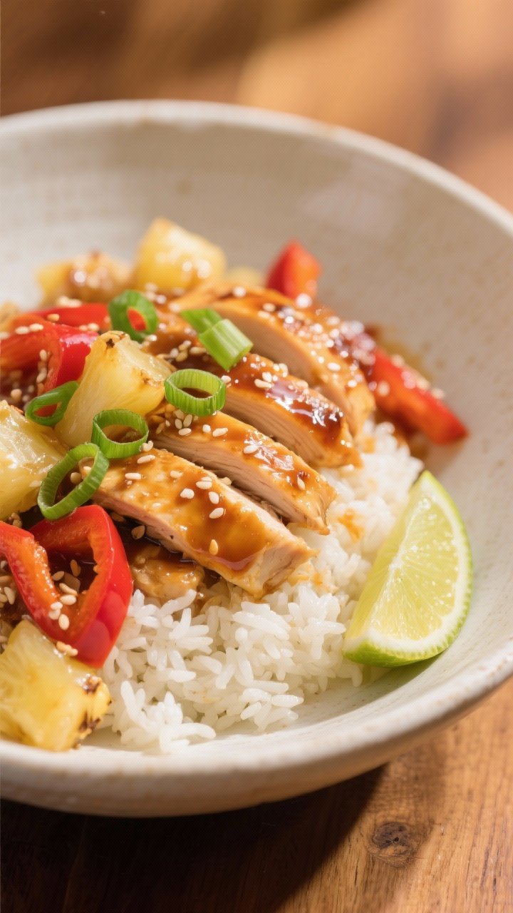Final plated, close-up detail: Close-up of beautifully plated Sweet Hawaiian Chicken over fluffy jas