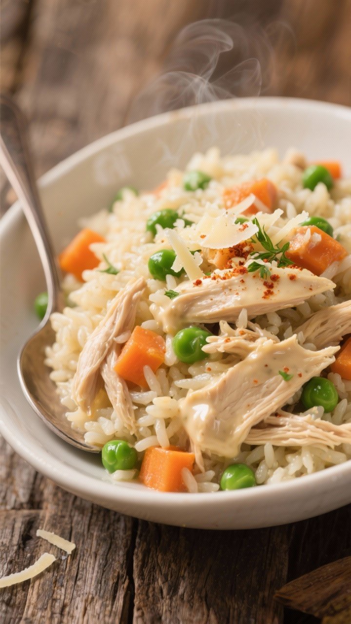 Final plated comfort bowl, close-up detail: Close-up of a heaping bowl of Crockpot Creamy Chicken & 