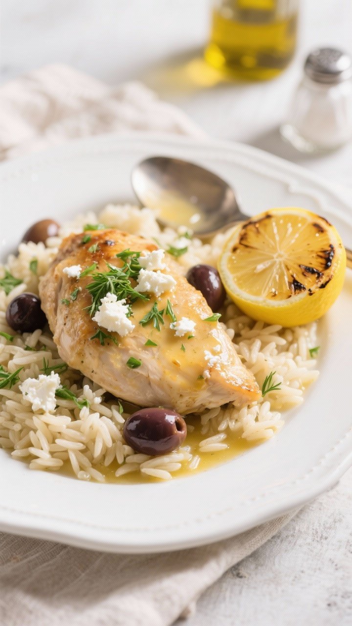 Final plated dish, close-up detail: Tender, juicy Crockpot Greek Lemon Chicken plated over fluffy or