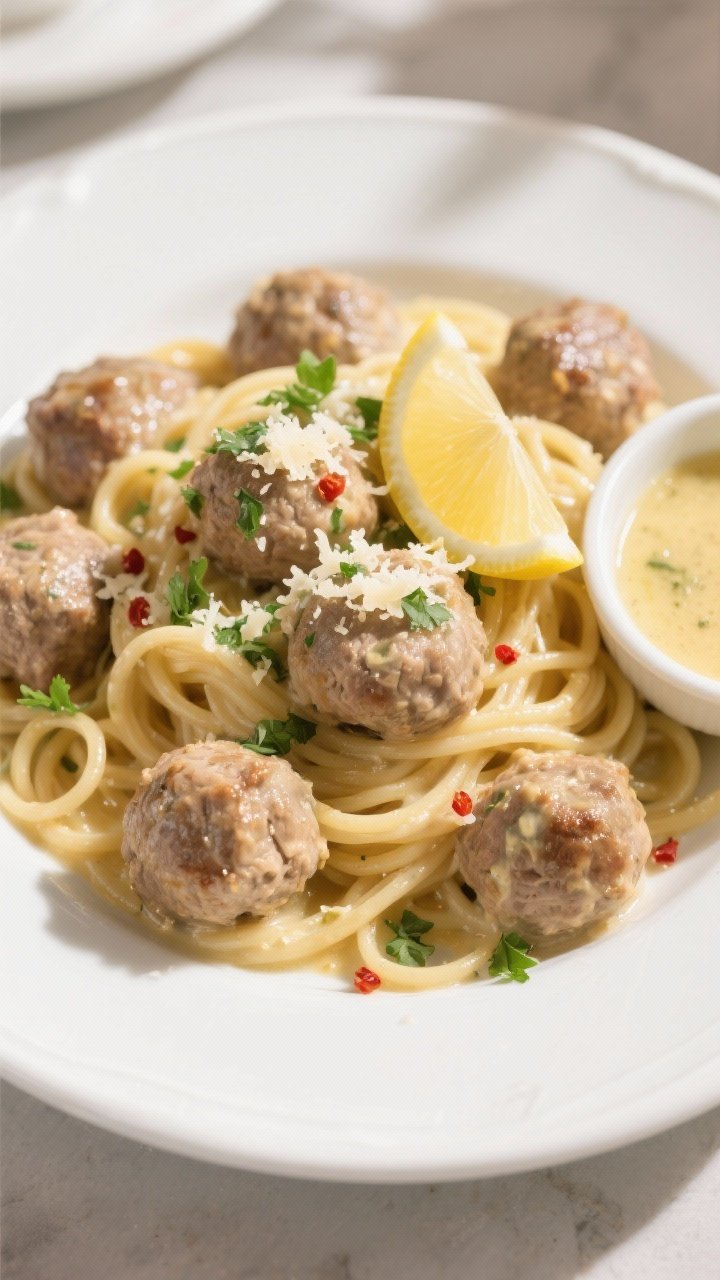Final plated dish, top-down: Overhead shot of garlic butter turkey meatballs nestled over al dente s