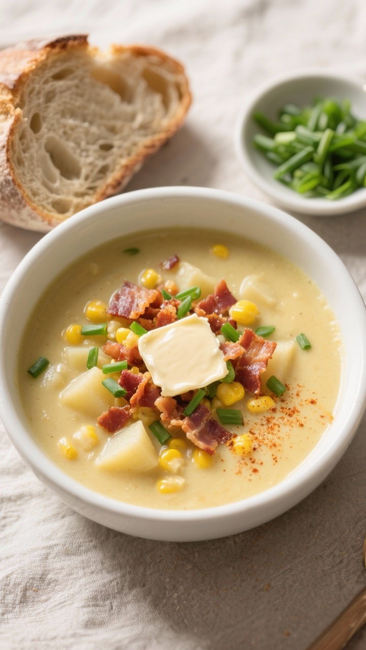 Final plated overhead: A bowl of finished Simple Corn Chowder captured top-down, silky and pale-gold