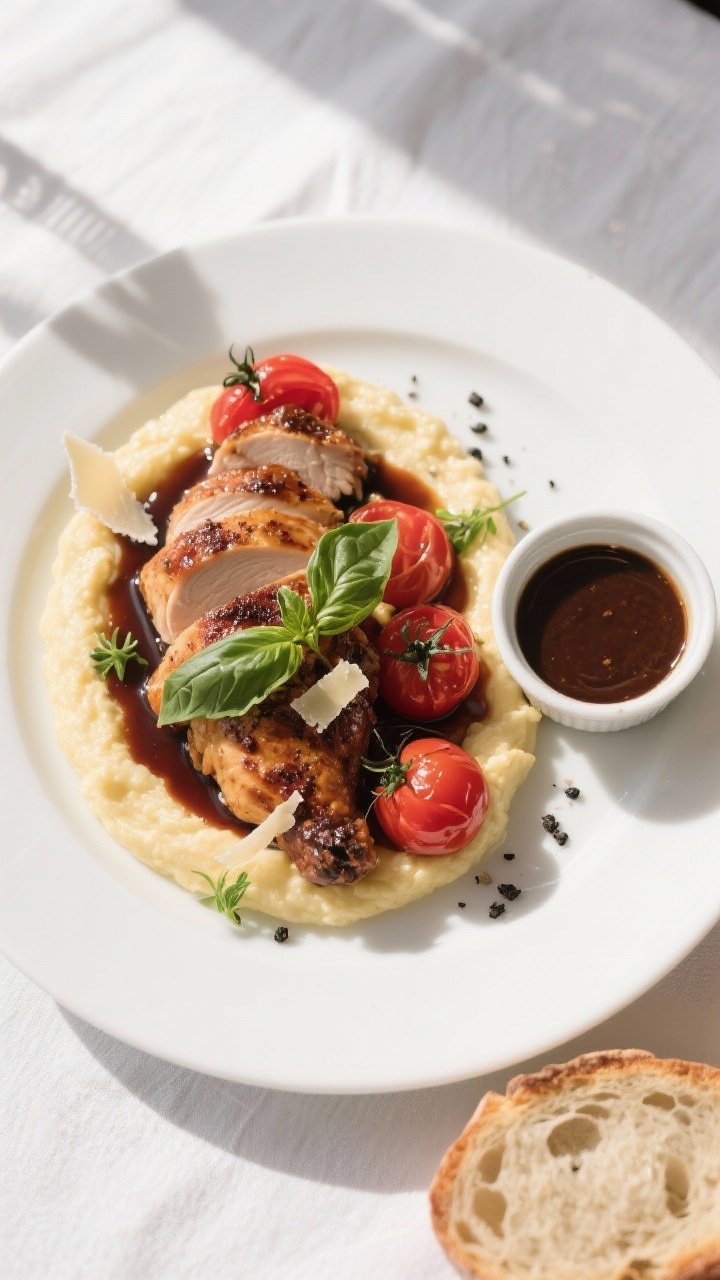 Final plated overhead: Balsamic Chicken & Tomatoes sliced and fanned over creamy polenta, spooned wi