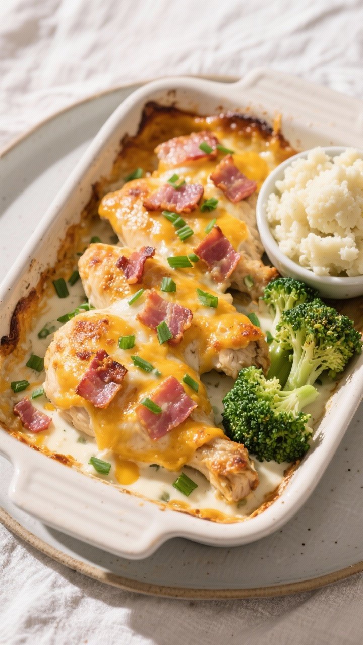 Final plated overhead: Cheesy Bacon Ranch Chicken baked to perfection in a 9x13 dish, photographed t