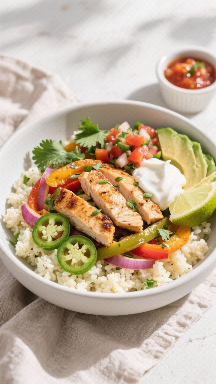Final plated overhead: Chicken Fajita Bowl with cauliflower rice in a wide, matte white bowl—fluff