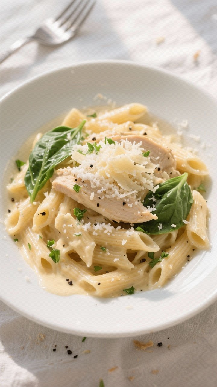 Final plated overhead: Creamy Chicken Alfredo pasta (penne) twirled into a generous mound in a wide 