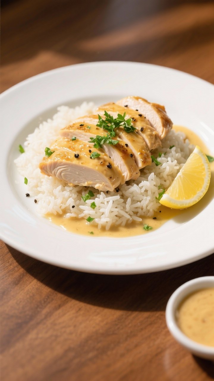 Final plated overhead: Creamy Honey Garlic Chicken sliced and fanned over fluffy buttered rice, gene