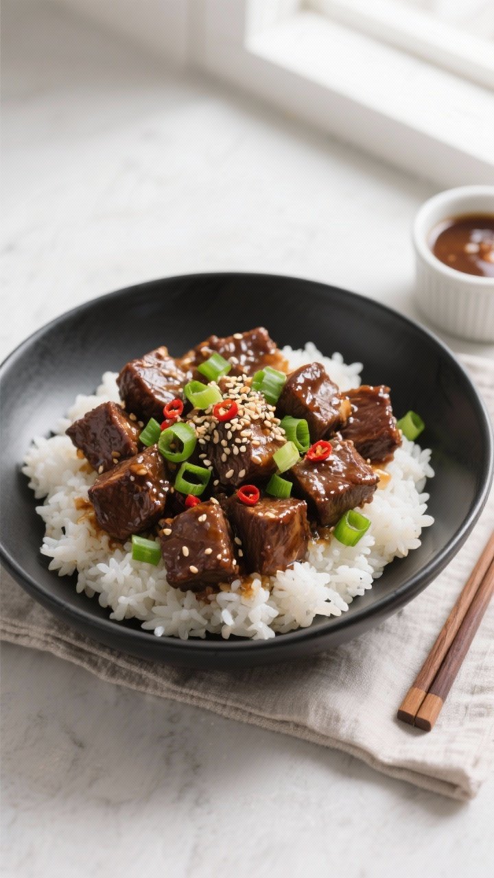 Final plated overhead: Dump-and-Go Honey Garlic Beef served over fluffy white rice in a wide matte b