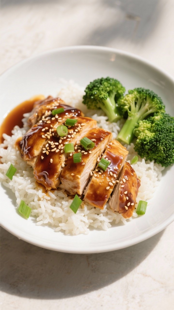 Final plated overhead: Honey Garlic Slow Cooker Chicken sliced and tossed in a thick, shiny glaze, s
