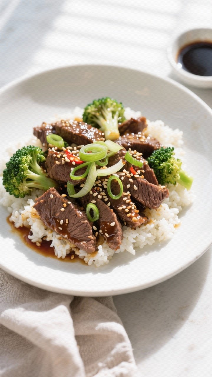 Final plated overhead: Low Carb Beef & Broccoli plated in a shallow white bowl over fluffy cauliflow