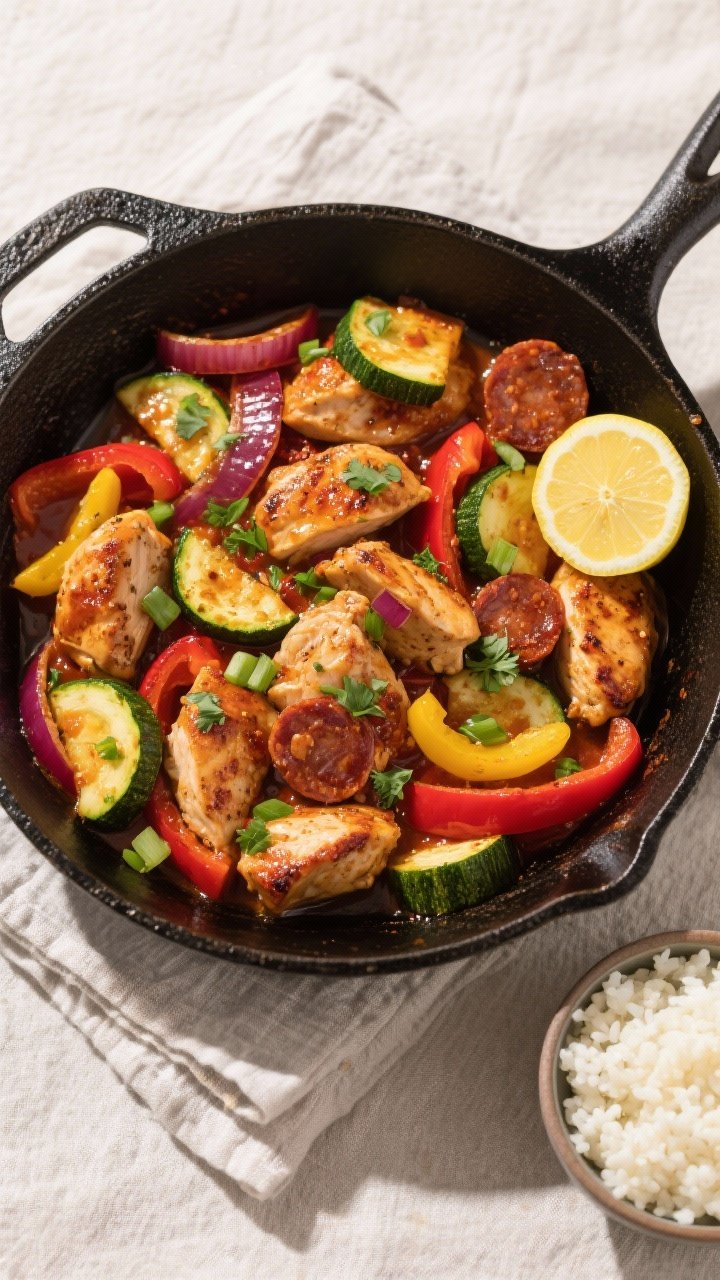 Final plated overhead: Low Carb Cajun Chicken Skillet served family-style in a wide black skillet, s