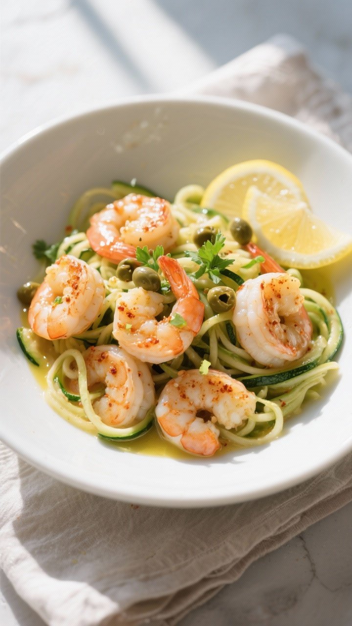 Final plated overhead: Low carb garlic butter shrimp arranged over twirled zucchini noodles in a wid