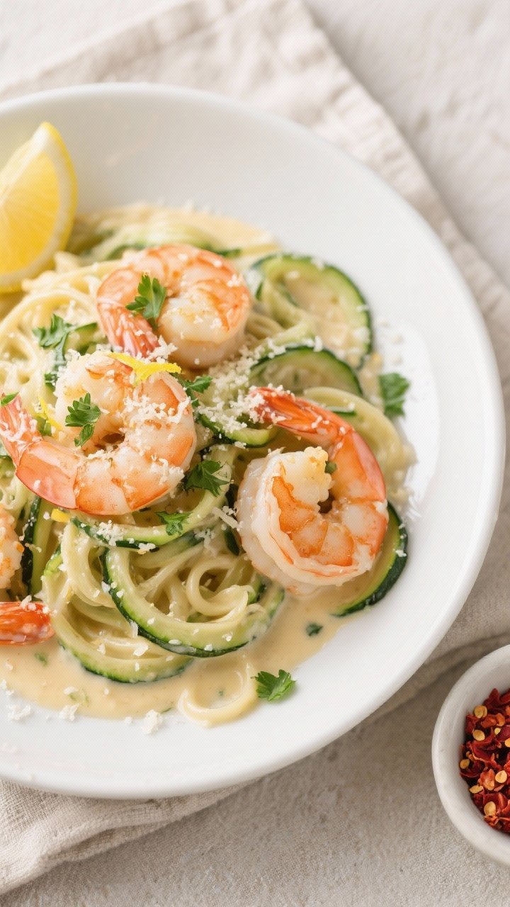 Final plated overhead: Low Carb Shrimp Alfredo with zucchini zoodles twirled in a creamy, glossy Par