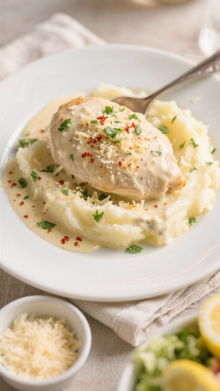 Final plated overhead: Overhead shot of creamy garlic Parmesan chicken spooned over buttery mashed p