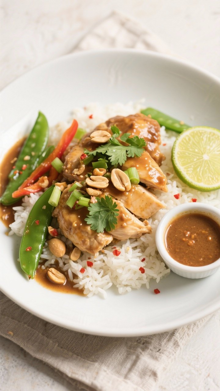 Final plated, overhead: Overhead shot of Crockpot Thai Peanut Chicken served on fluffy jasmine rice 