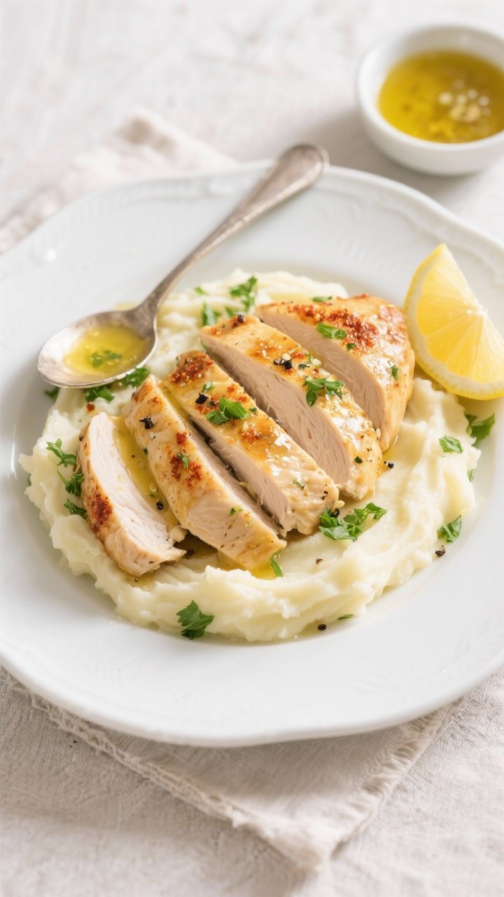 Final plated, overhead: Overhead shot of sliced garlic herb chicken breasts fanned over creamy mashe