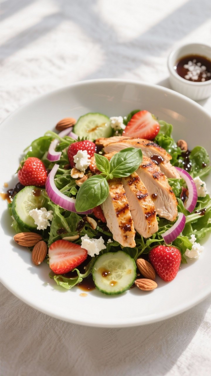 Final plated overhead: Overhead shot of the assembled Grilled Chicken & Strawberry Salad in a wide w