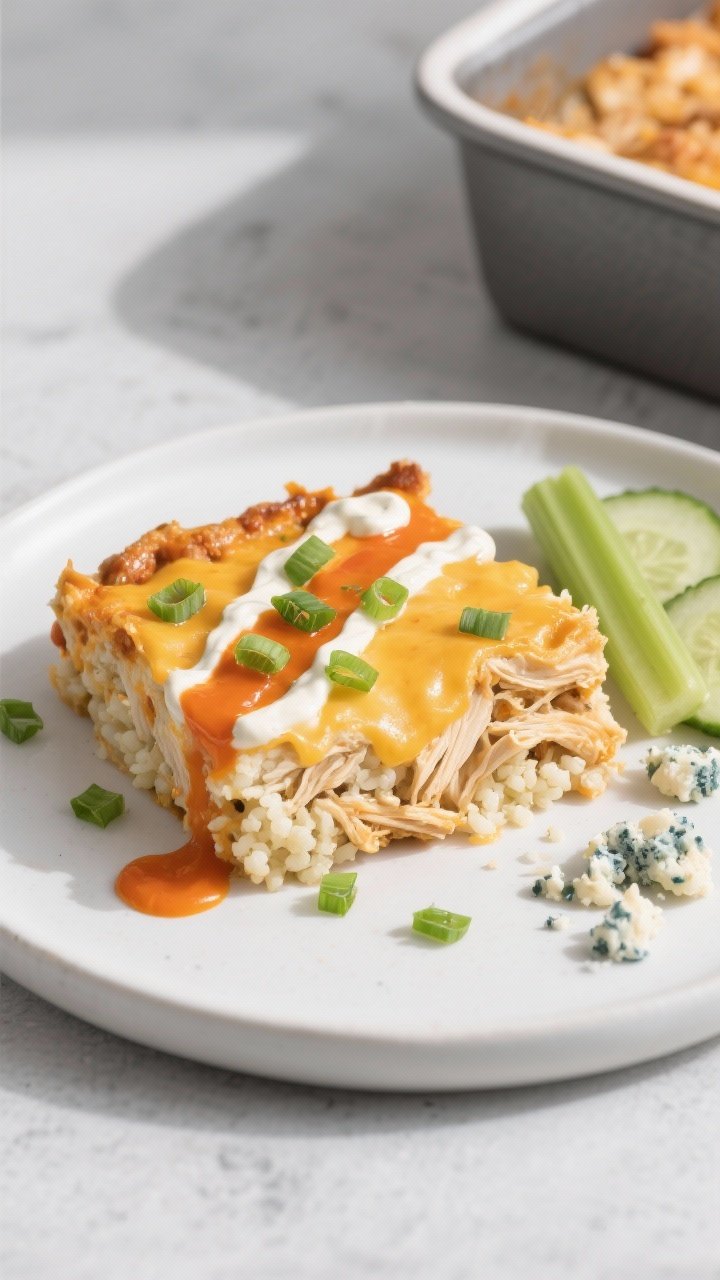 Final plated — Overhead serving: Top-down shot of a generous square of Low Carb Buffalo Chicken Ca