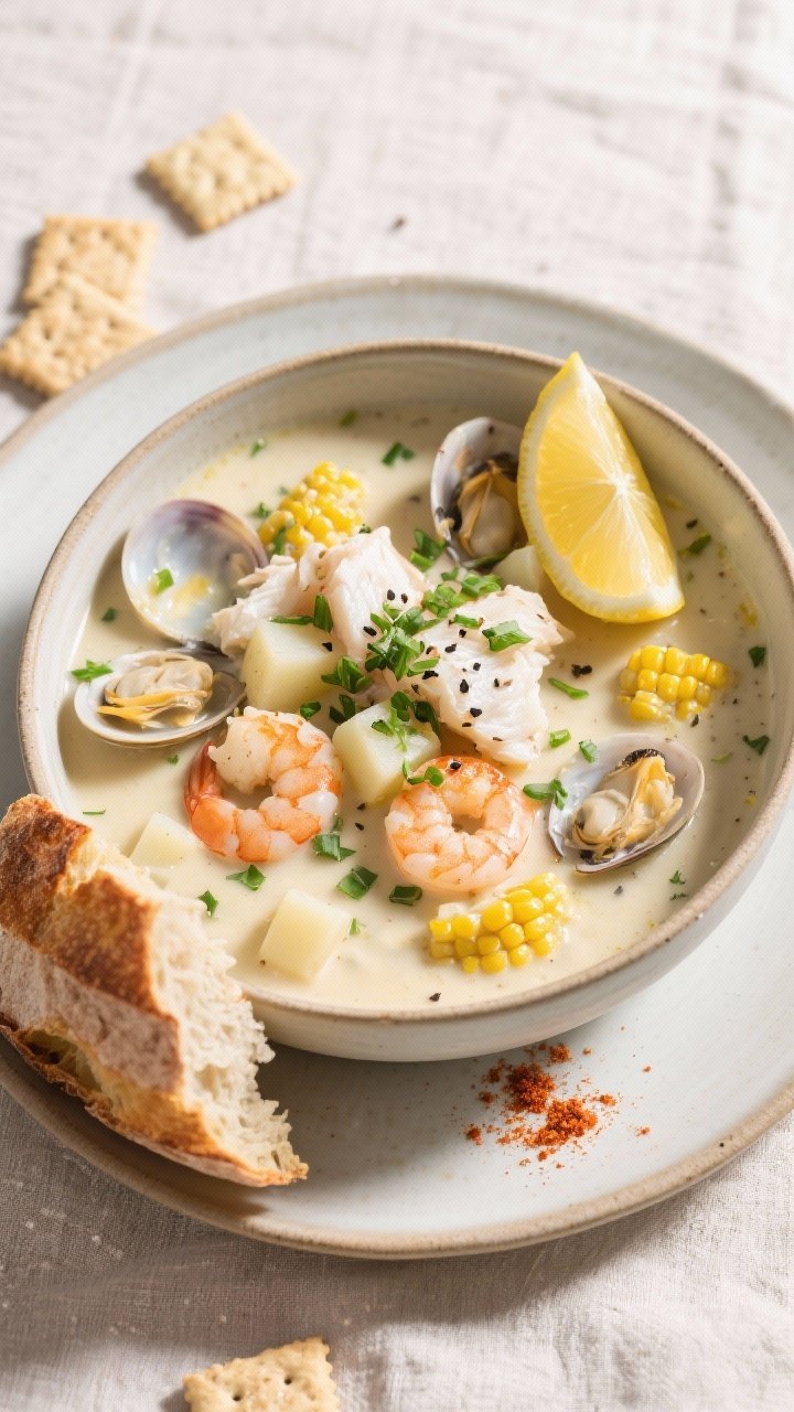 Final plated overhead shot: A restaurant-quality bowl of finished seafood chowder—rich, creamy bas