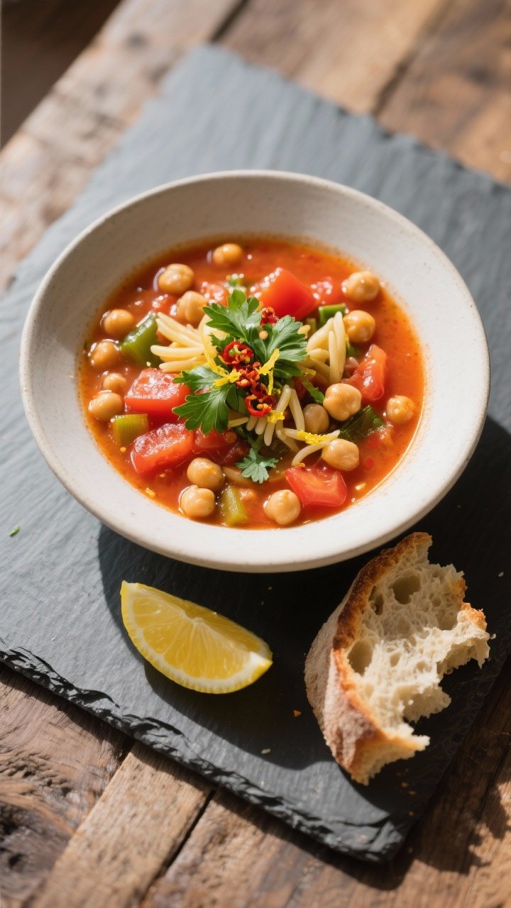 Final plated overhead shot: A wide, top-down image of a finished bowl of Mediterranean Chickpea Soup