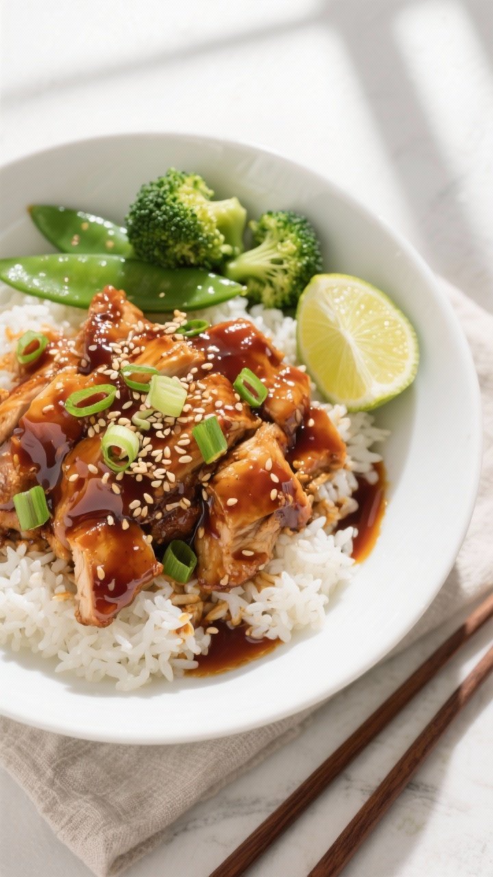 Final plated overhead shot: Asian-inspired honey soy chicken piled over fluffy steamed jasmine rice 