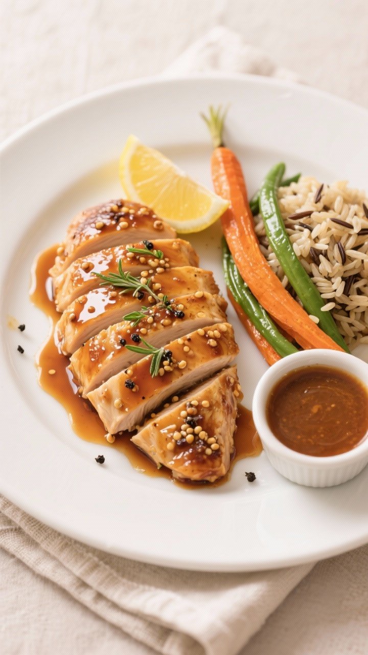 Final plated overhead shot: Beautifully sliced Maple Dijon Glazed Chicken Breast fanned on a warm wh