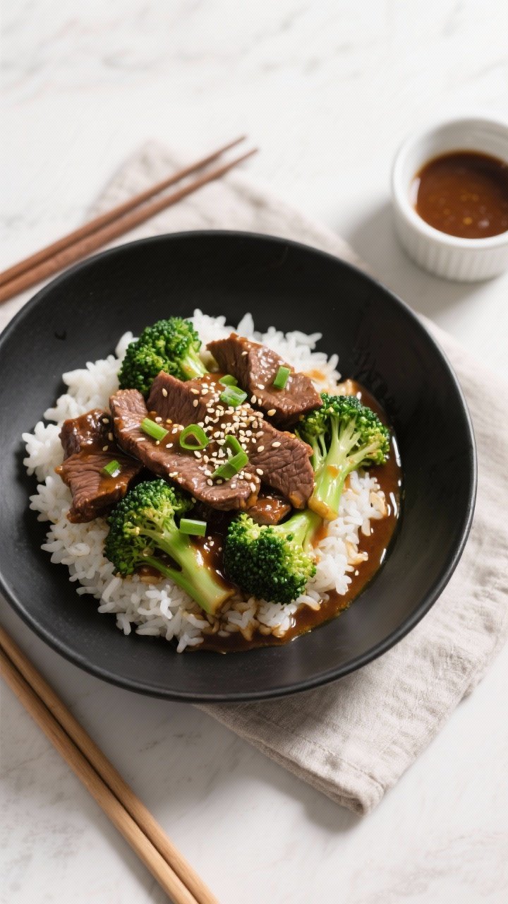 Final plated overhead shot: Beef & Broccoli served over fluffy steamed white rice in a wide matte-bl