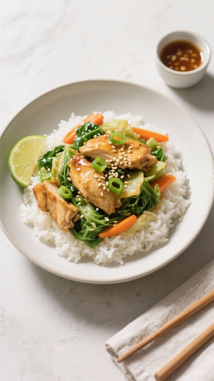 Final plated overhead shot: Chicken & Cabbage Stir Fry served over fluffy white rice in a wide shall